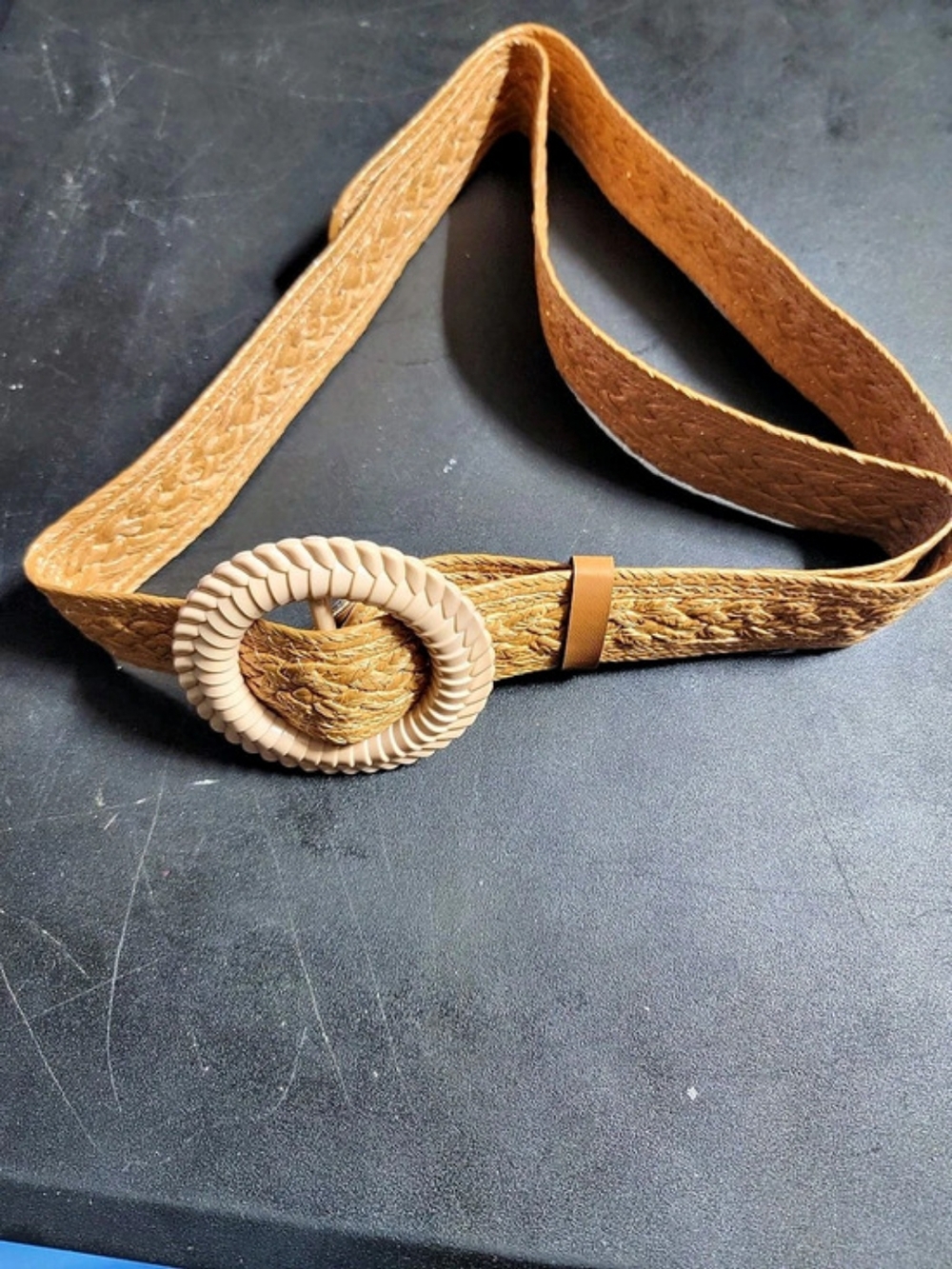 Woven Belt with Round Buckle in Brown & Cream Like New
